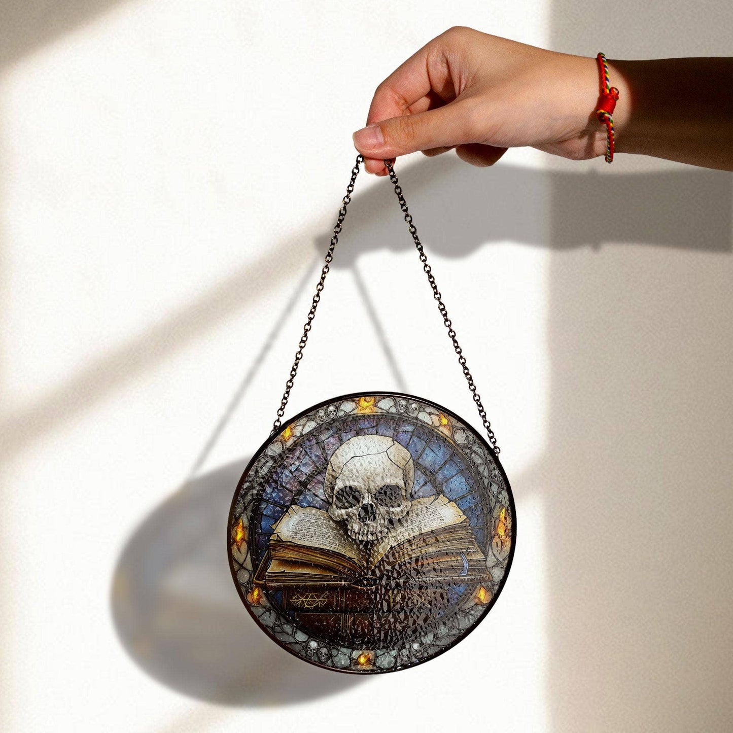 Skull And Book Stained Glass Suncatcher, Dark Academia Theme 6"