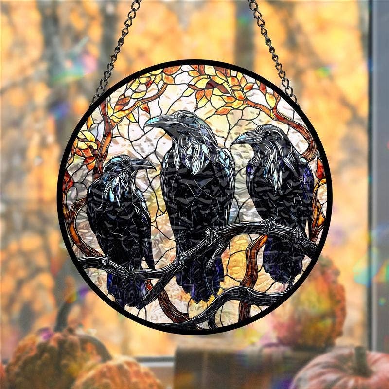 Three Black Crows Stained Glass Suncatcher