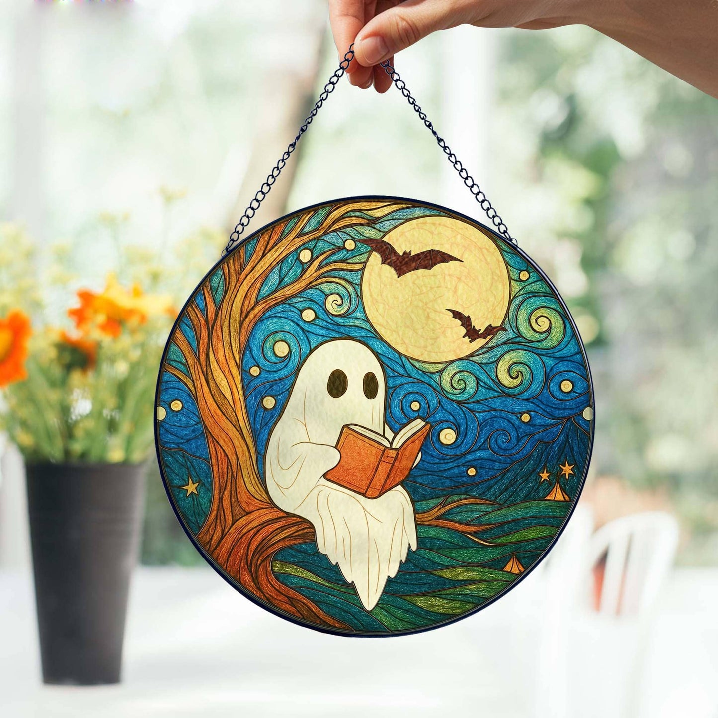 Cute Ghost Reading Book Stained Glass Suncatcher, Home Decor 4"