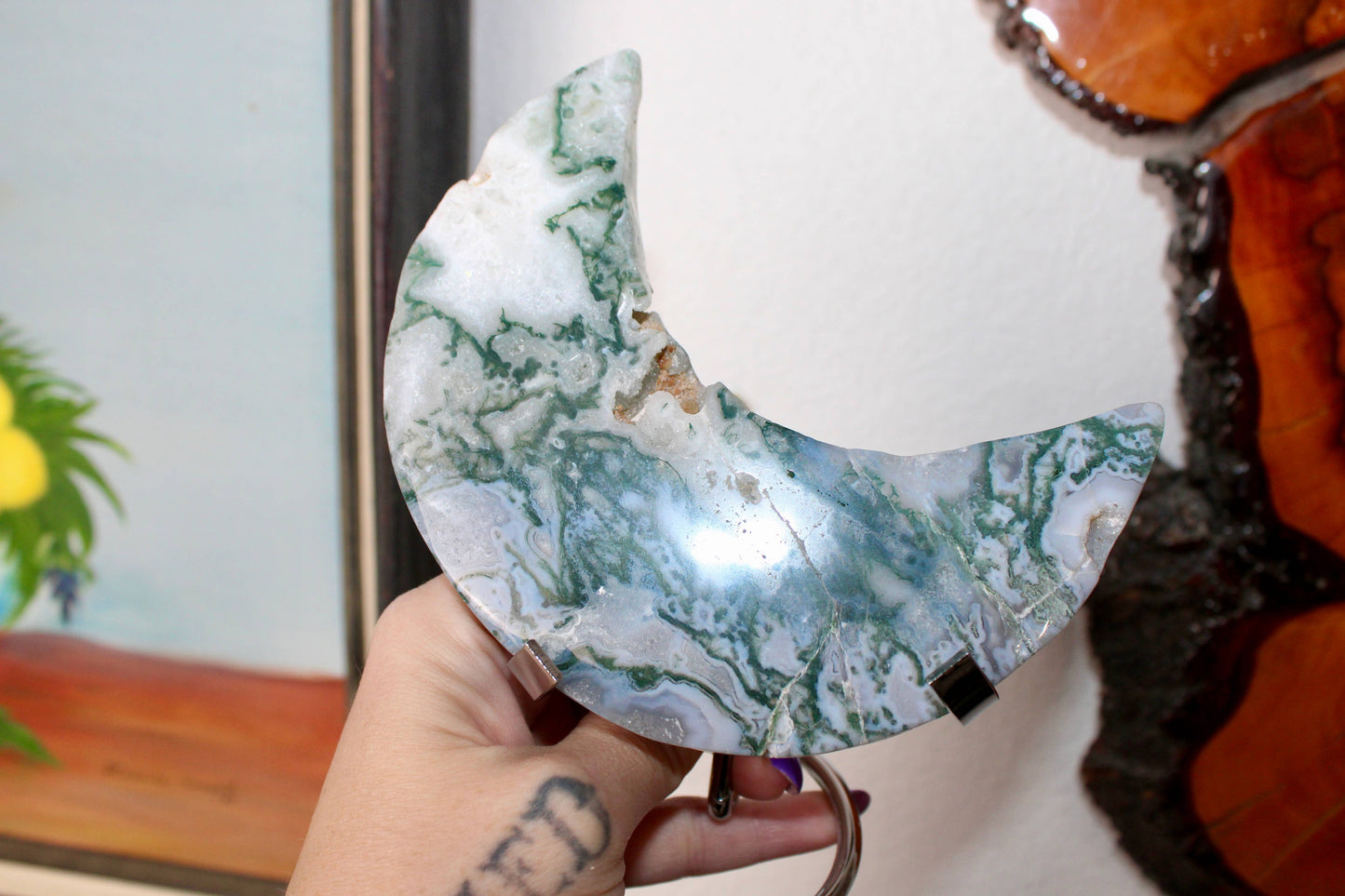 Moss Agate Moon on Metal Stand – Natural Crystal Display