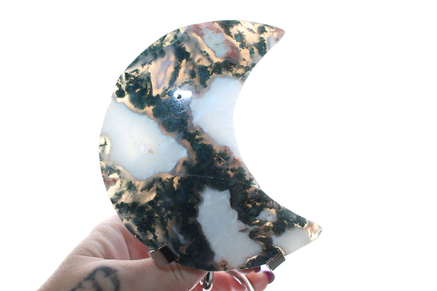 Moss Agate Moon on Metal Stand – Natural Crystal Display