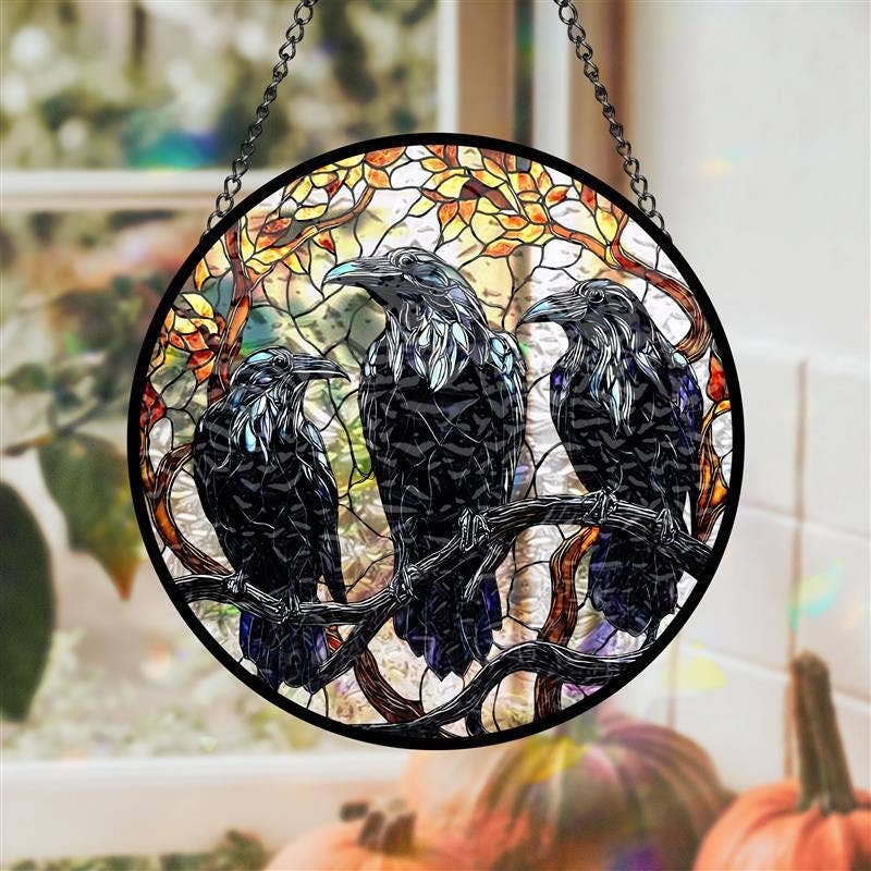 Three Black Crows Stained Glass Suncatcher