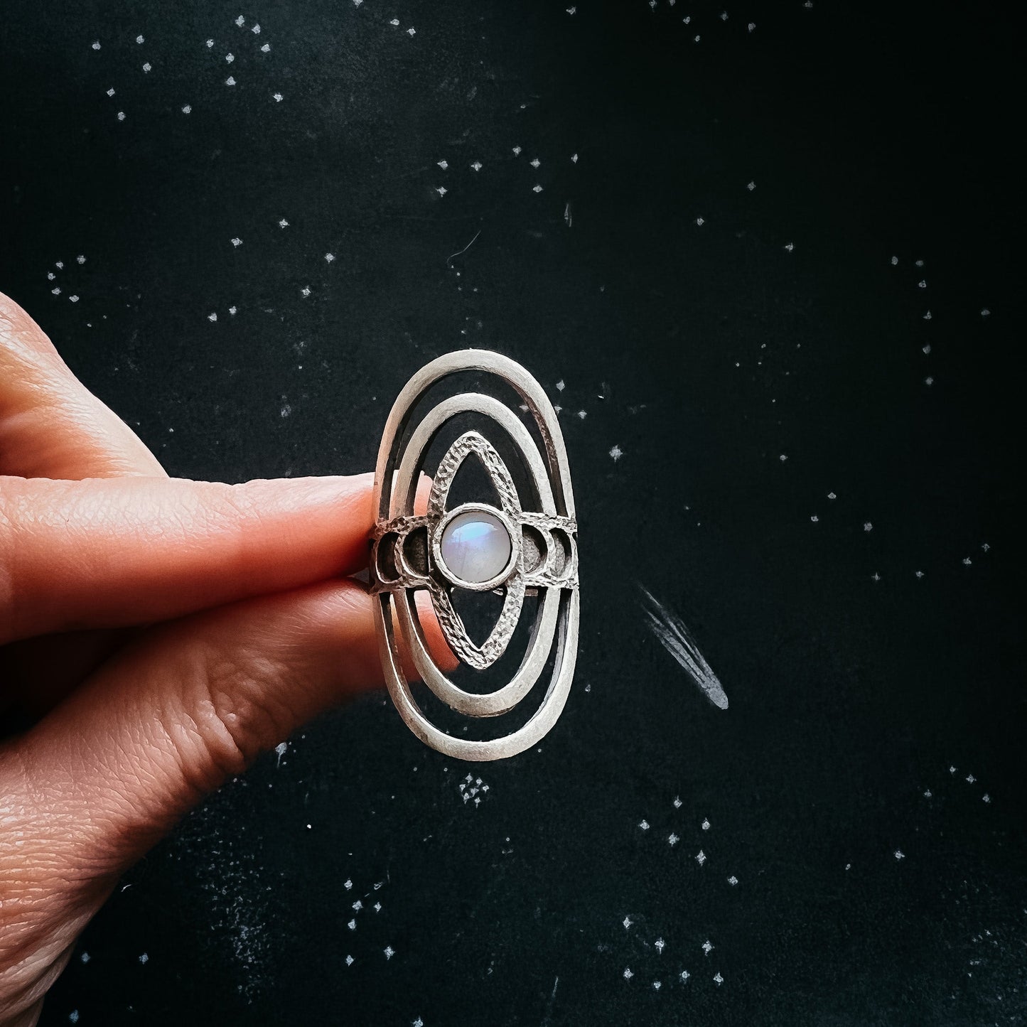 CLEARANCE Cosmic Ripple Ring with Rainbow Moonstone and Phases of the Moon