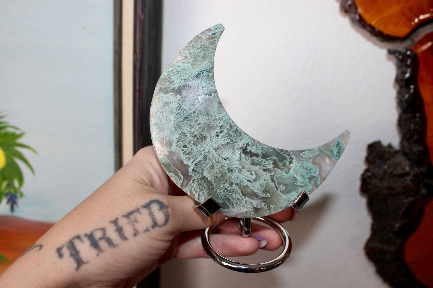 Moss Agate Moon on Metal Stand – Natural Crystal Display