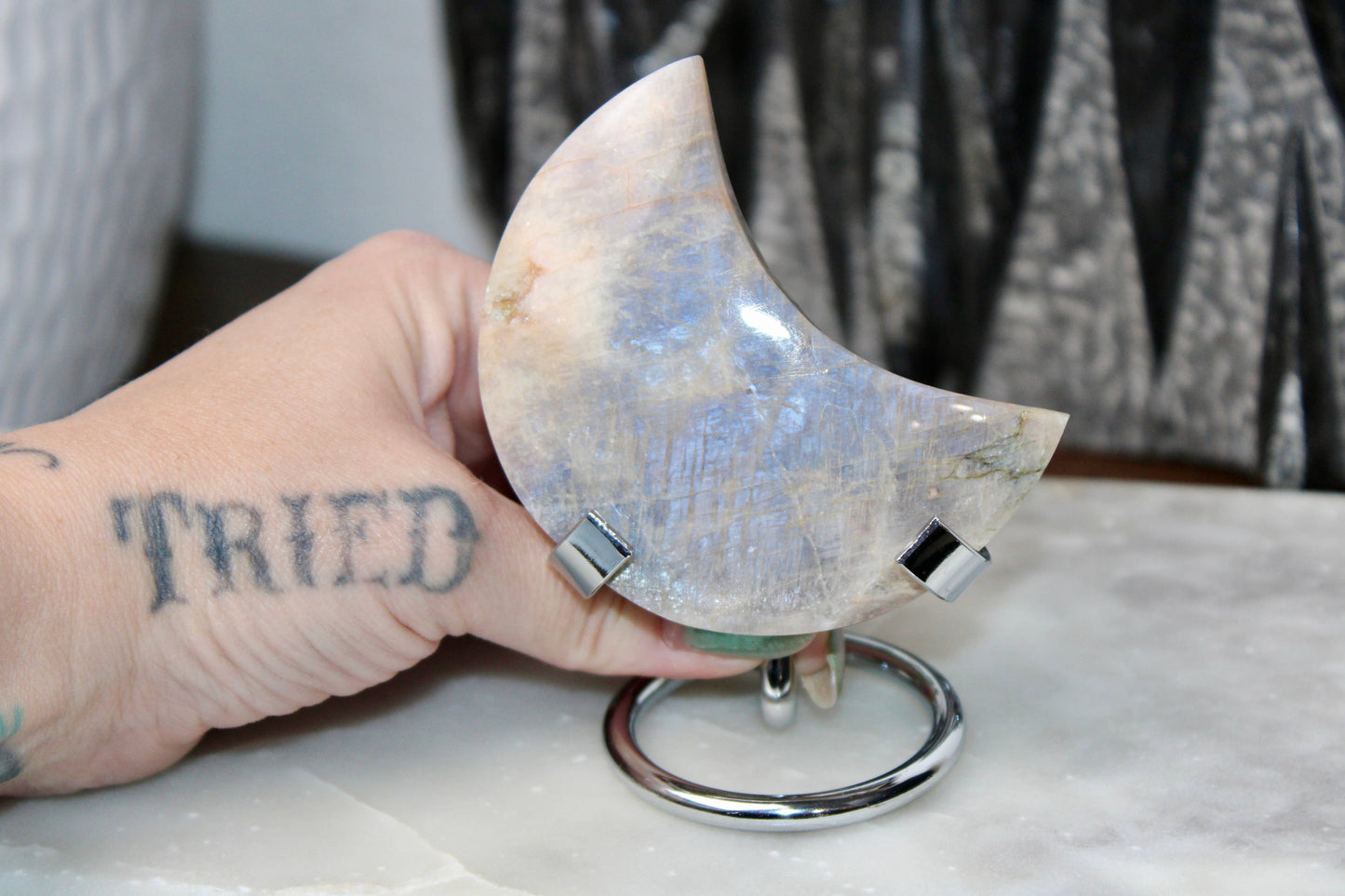 Blue Rainbow Moonstone Moon on Stand High Shine