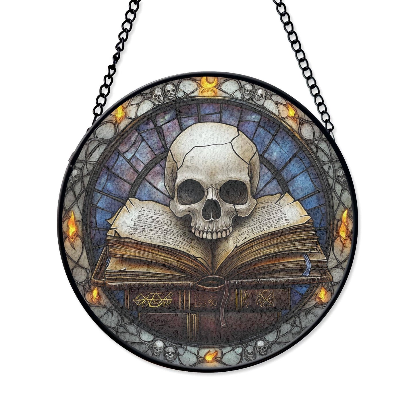 Skull And Book Stained Glass Suncatcher, Dark Academia Theme 6"