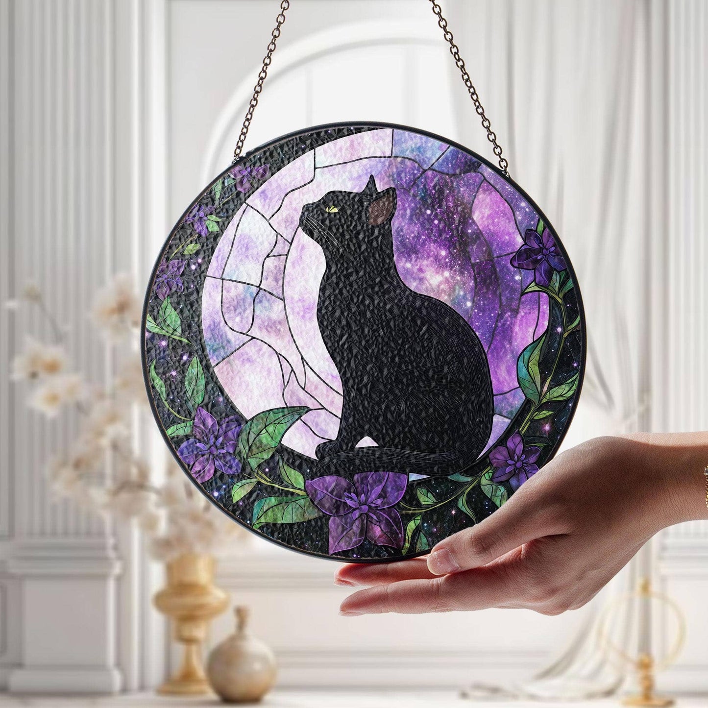 Black Cat on Moon Suncatcher, Cat Glass Window Hanging Gifts 6"