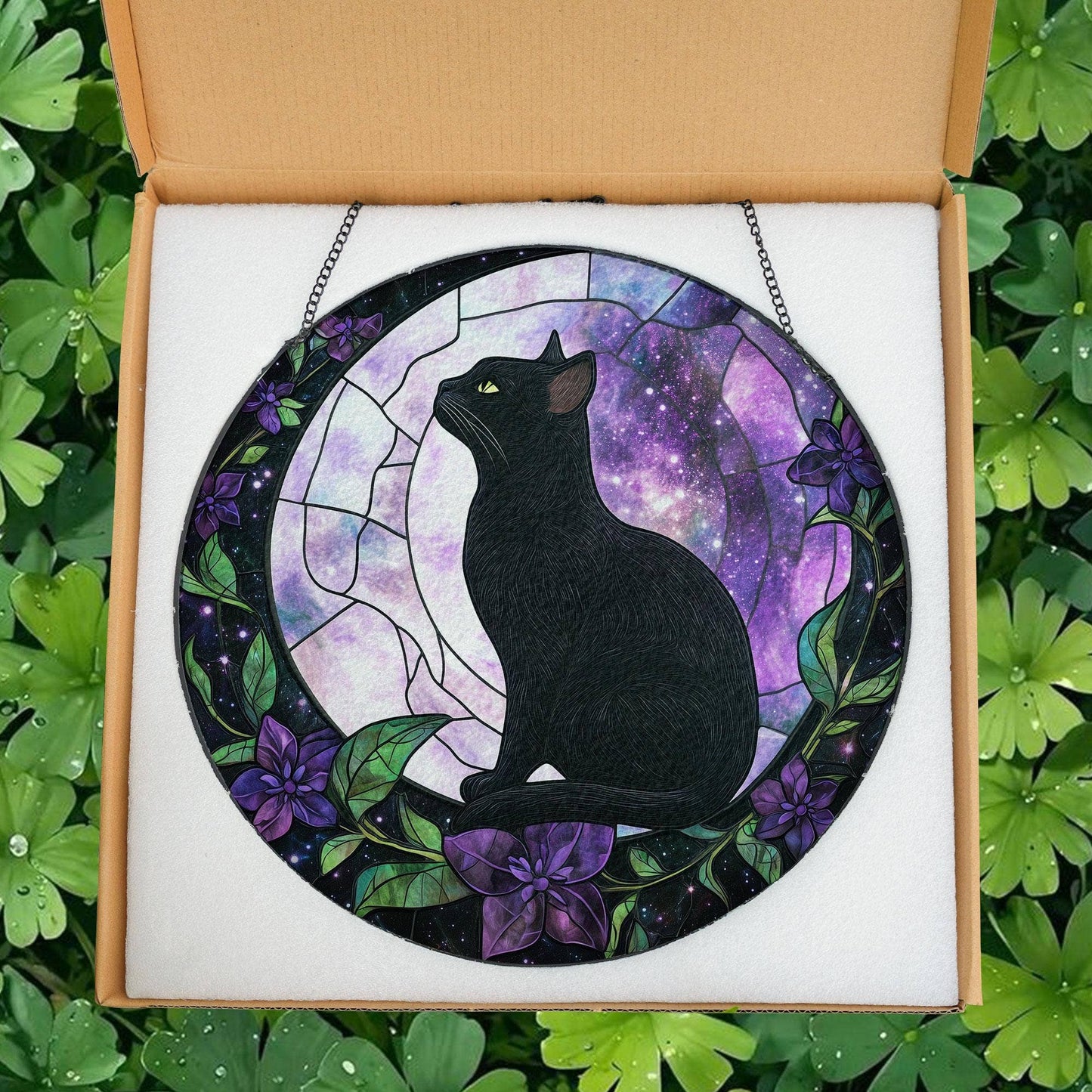 Black Cat on Moon Suncatcher, Cat Glass Window Hanging Gifts 6"