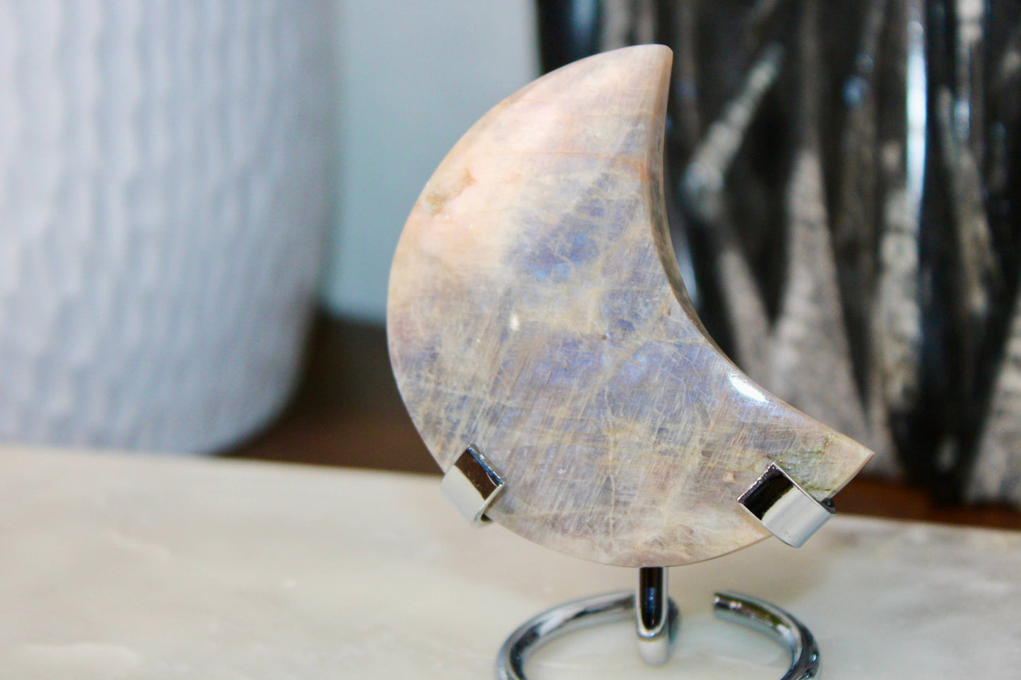 Blue Rainbow Moonstone Moon on Stand High Shine