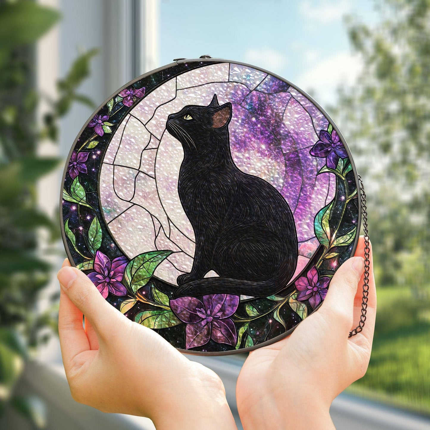 Black Cat on Moon Suncatcher, Cat Glass Window Hanging Gifts 6"