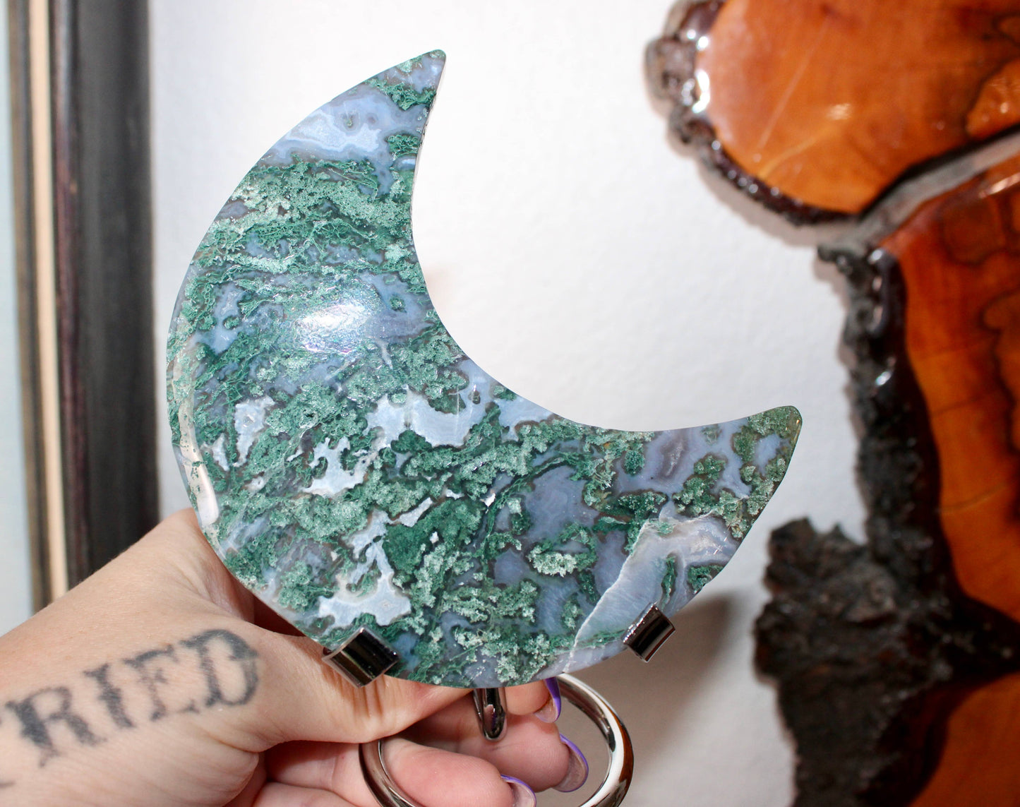 Moss Agate Moon on Metal Stand – Natural Crystal Display 