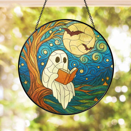 Cute Ghost Reading Book Stained Glass Suncatcher, Home Decor 4"