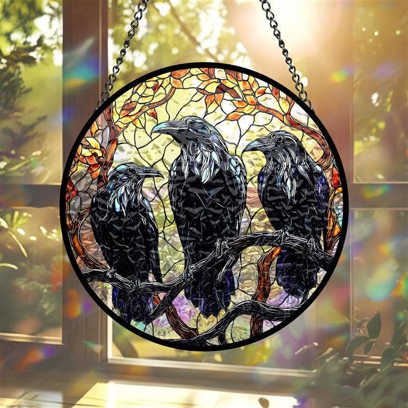 Three Black Crows Stained Glass Suncatcher
