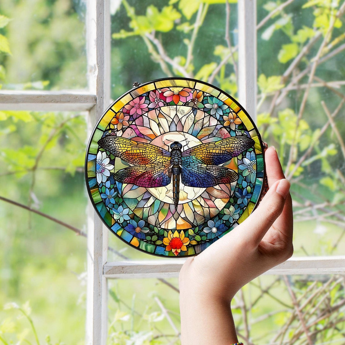 Dragonfly Stained Glass Suncatcher, Floral Window ornament 7.8"
