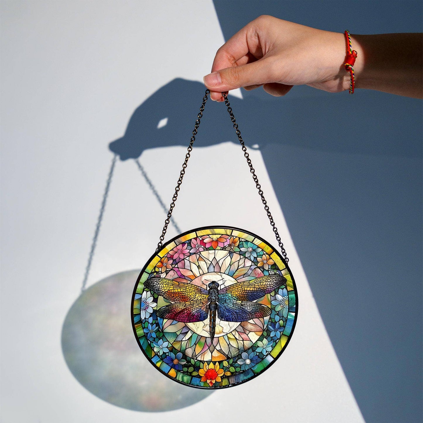 Dragonfly Stained Glass Suncatcher, Floral Window ornament 7.8"