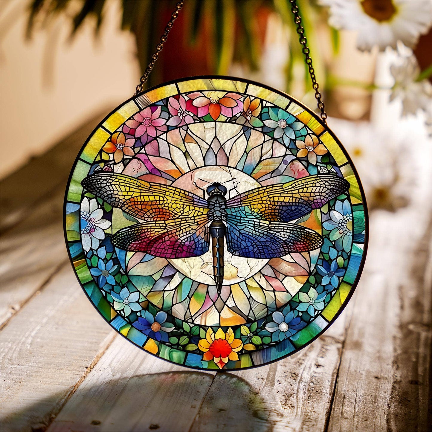 Dragonfly Stained Glass Suncatcher, Floral Window ornament 7.8"