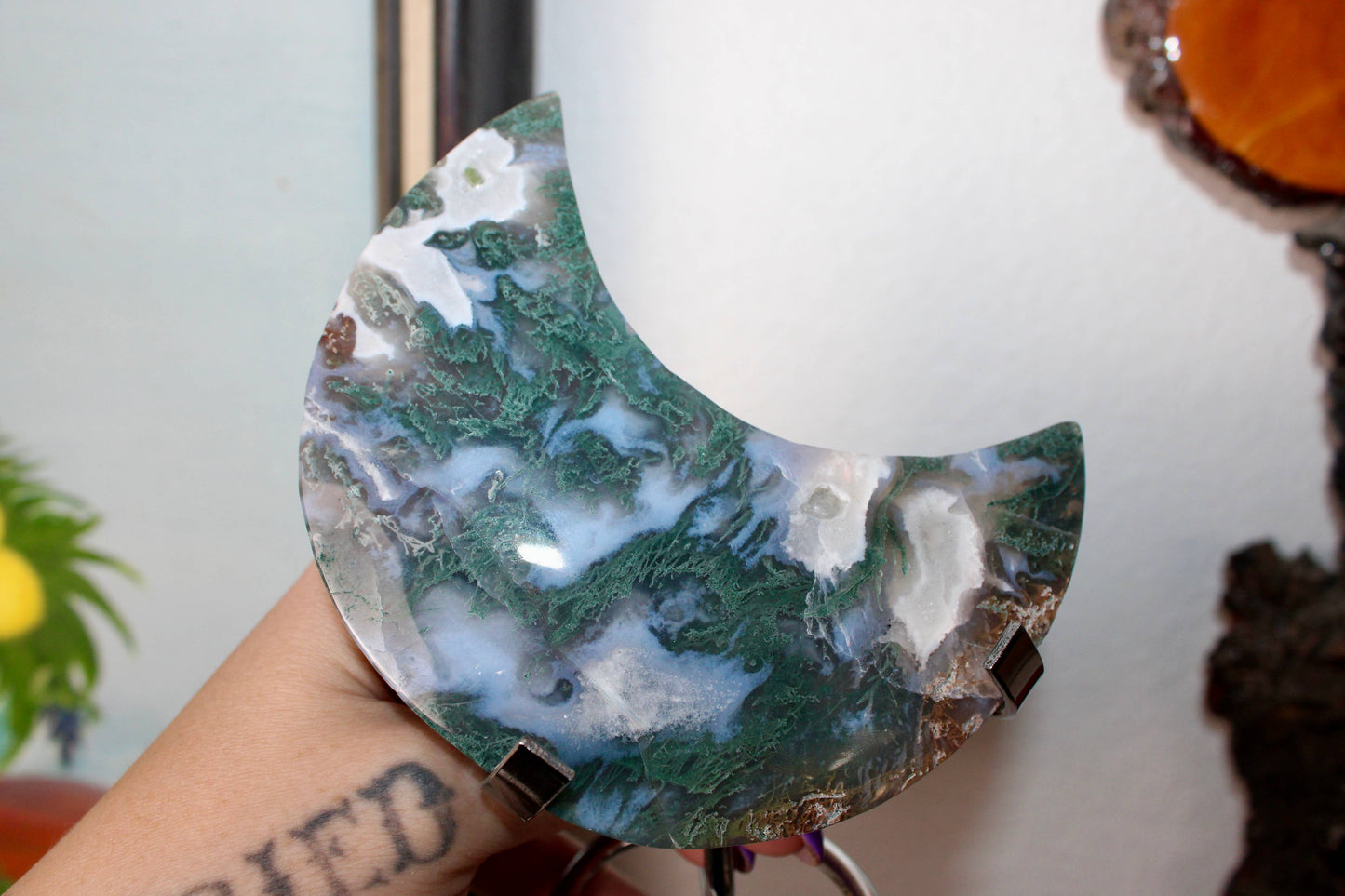 Moss Agate Moon on Metal Stand – Natural Crystal Display 