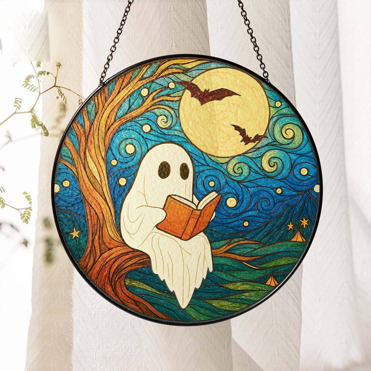 Cute Ghost Reading Book Stained Glass Suncatcher, Home Decor 4"