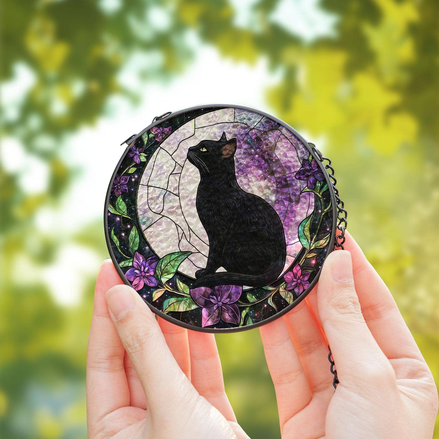 Black Cat on Moon Suncatcher, Cat Glass Window Hanging Gifts 6"