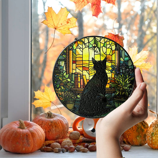 Black Cat Book Stained Glass Suncatcher