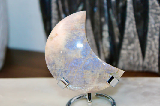 Blue Rainbow Moonstone Moon on Stand High Shine