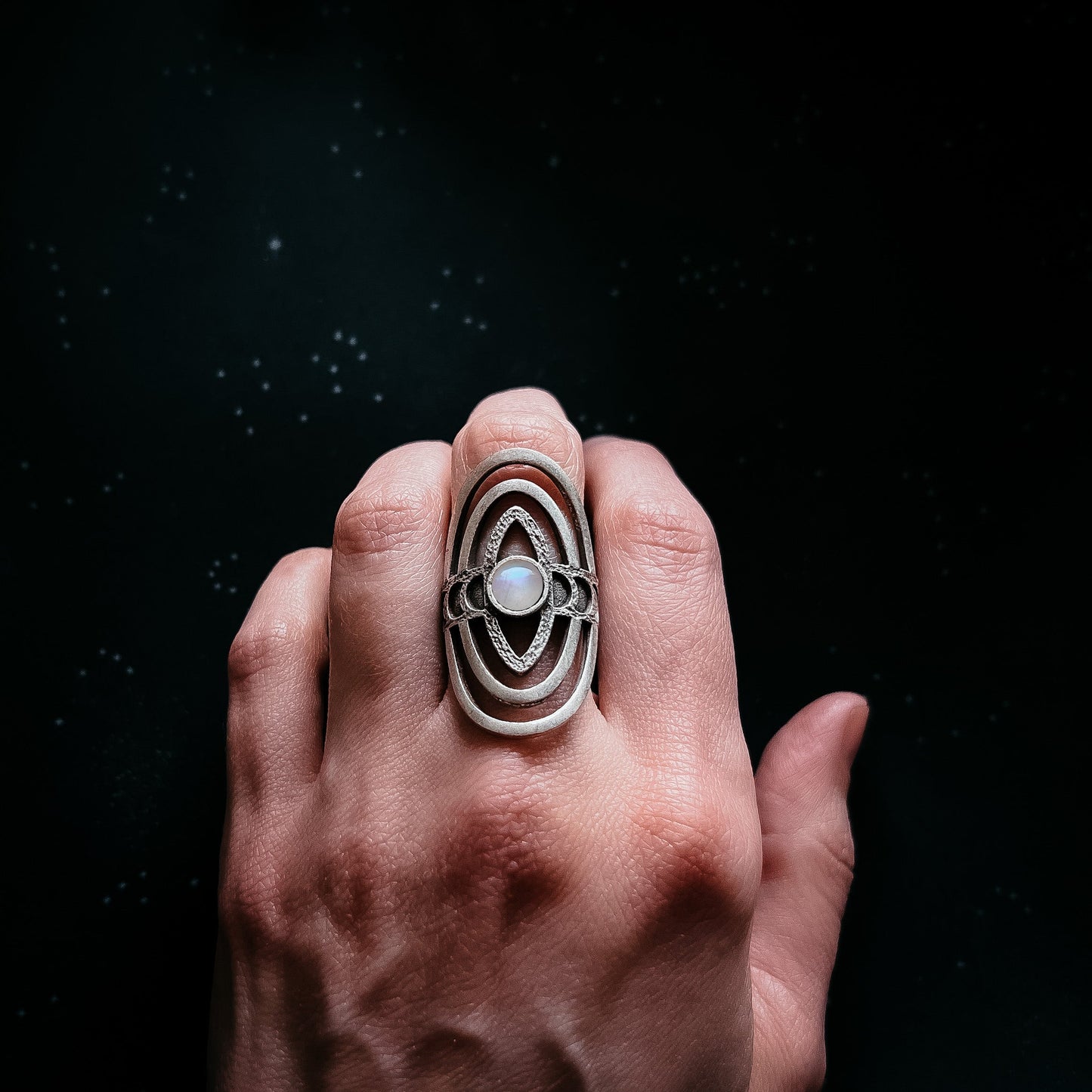 CLEARANCE Cosmic Ripple Ring with Rainbow Moonstone and Phases of the Moon