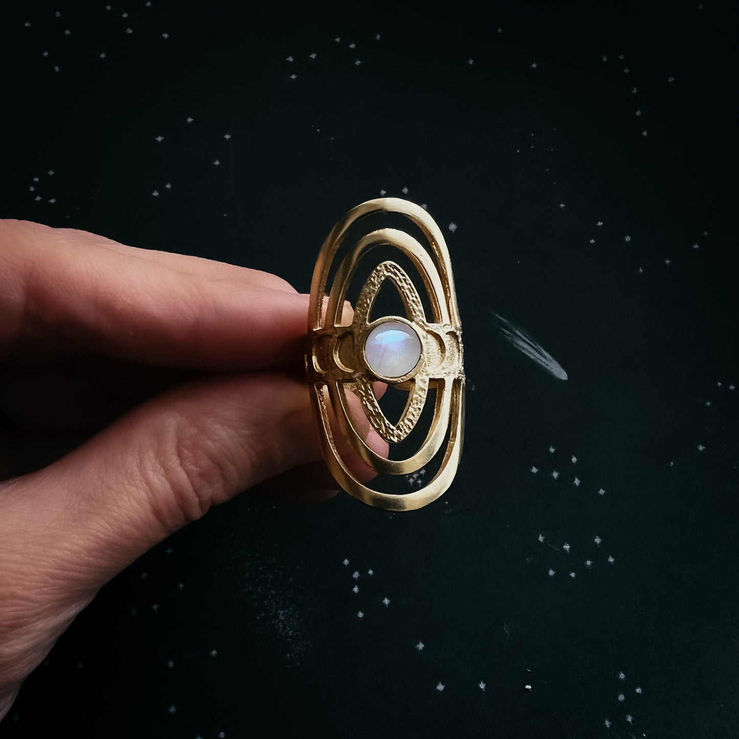 CLEARANCE Cosmic Ripple Ring with Rainbow Moonstone and Phases of the Moon