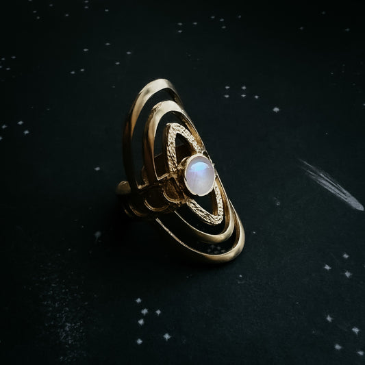 CLEARANCE Cosmic Ripple Ring with Rainbow Moonstone and Phases of the Moon