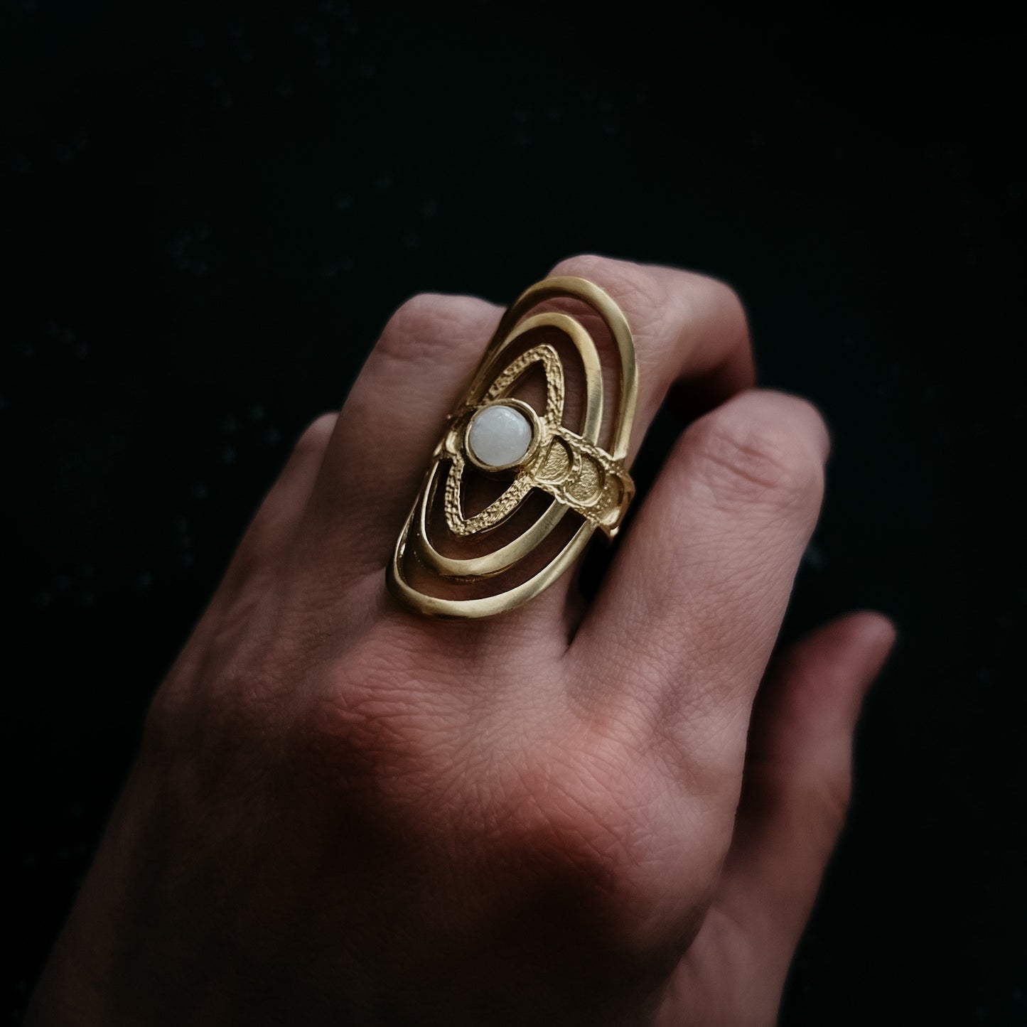 CLEARANCE Cosmic Ripple Ring with Rainbow Moonstone and Phases of the Moon