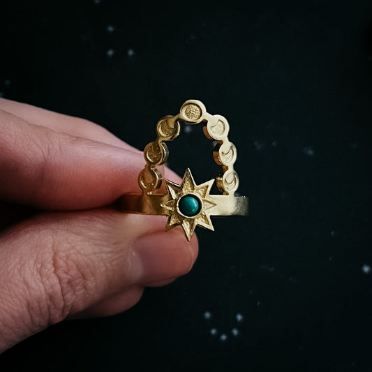 CLEARANCE Cosmic Dance Ring with Turquoise, Moon Phases, and Sun