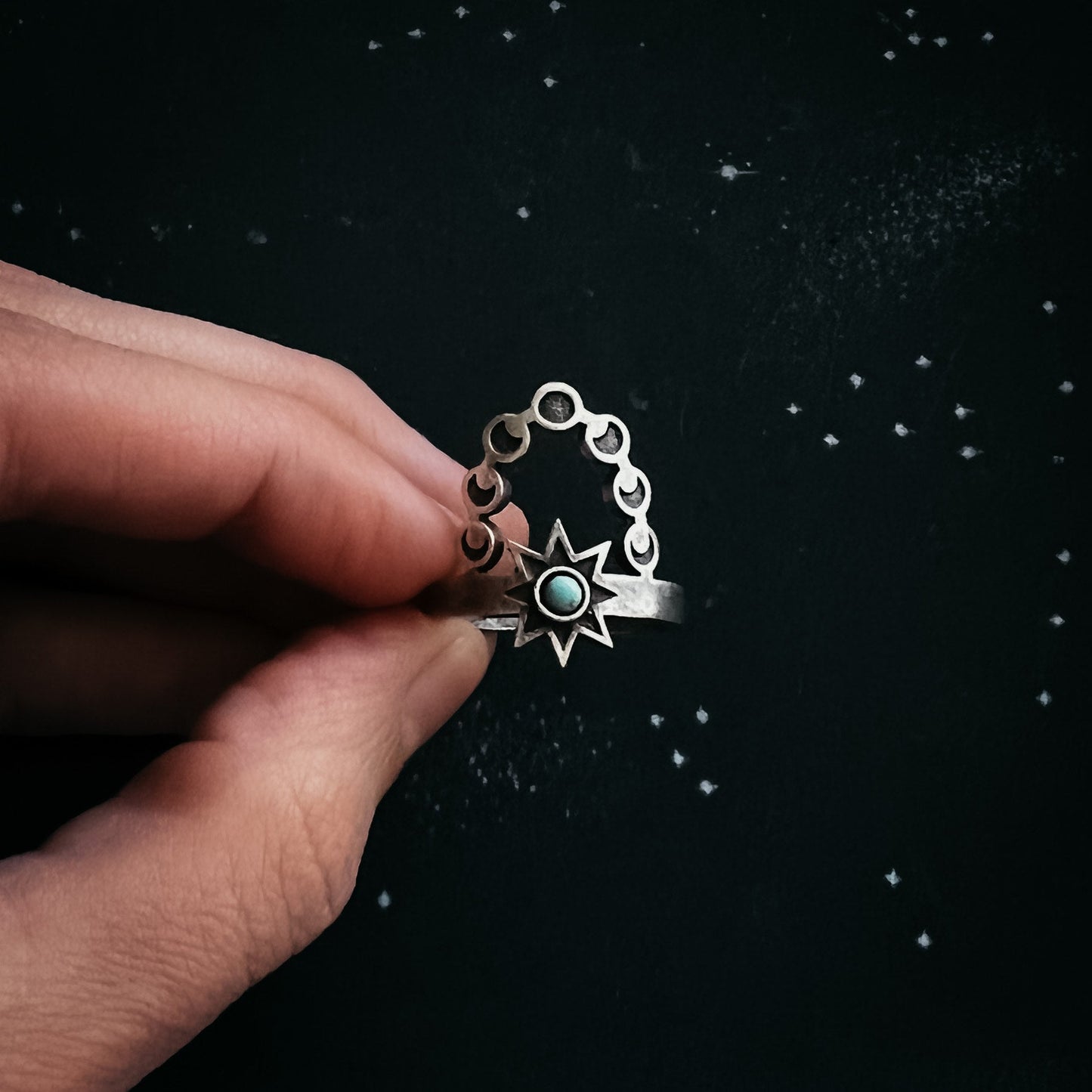 CLEARANCE Cosmic Dance Ring with Turquoise, Moon Phases, and Sun