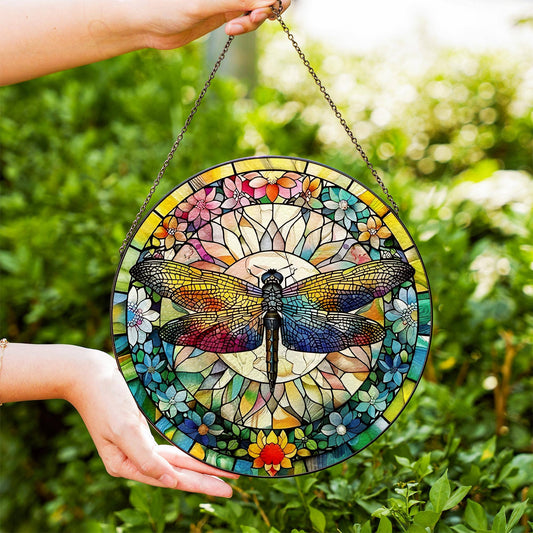 Dragonfly Stained Glass Suncatcher, Floral Window ornament 7.8"