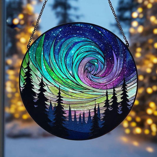 Aurora Borealis Suncatcher, Forest Northern Lights Window 7.8"