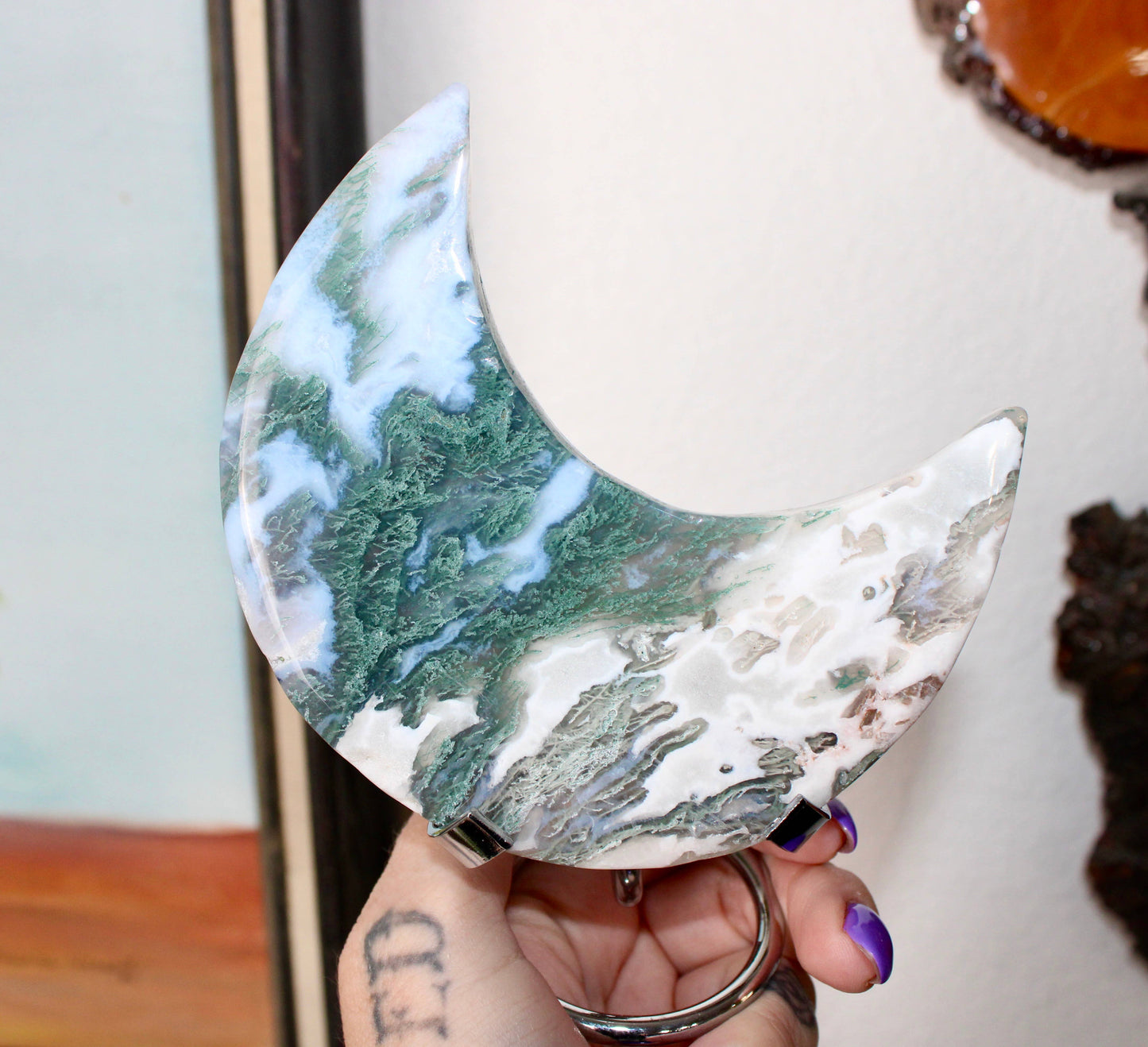 Moss Agate Moon on Metal Stand – Natural Crystal Display 
